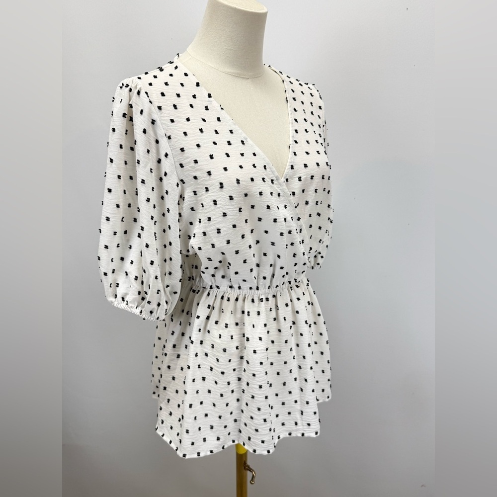 STACCATO White and Black Polka Dot puff sleeve peplum blouse size M - Picture 8 of 15